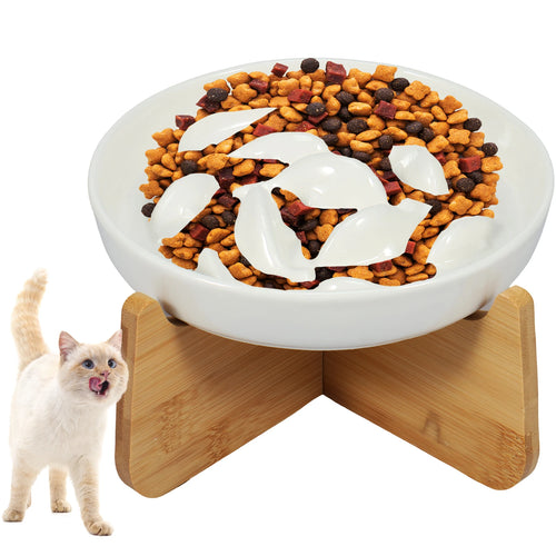 Elevated ceramic slow feeder bowl with wooden stand